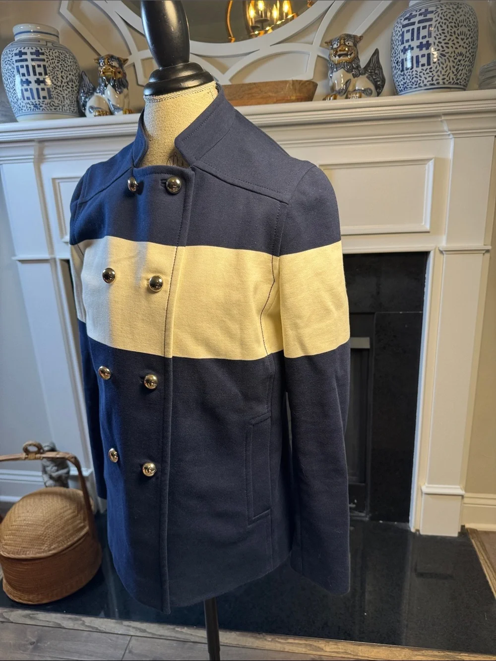 Tory Burch Navy and Cream Double-Breasted Military Style Jacket